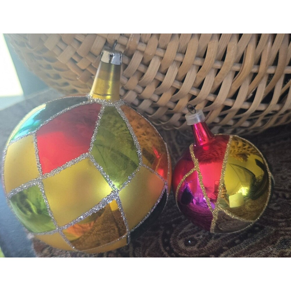 2 MCM Long Neck Hand Blown Multicolored Christmas Ornament Ornaments Lg & Sm - Picture 3 of 8